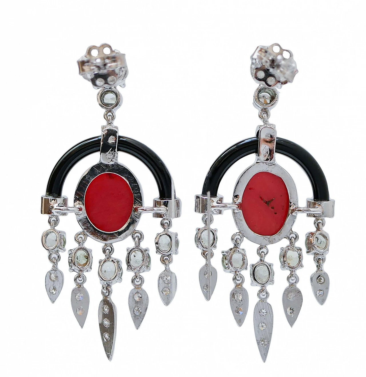 Pair of platinum and 14 karat white gold earrings with coral & onyx 3