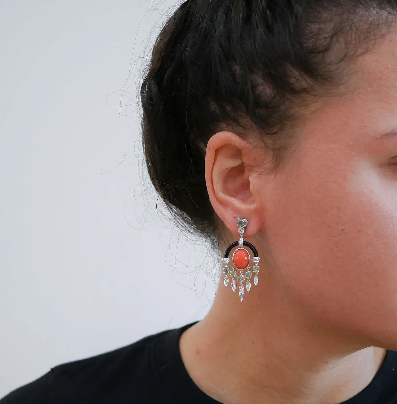 Pair of platinum and 14 karat white gold earrings with coral & onyx 4