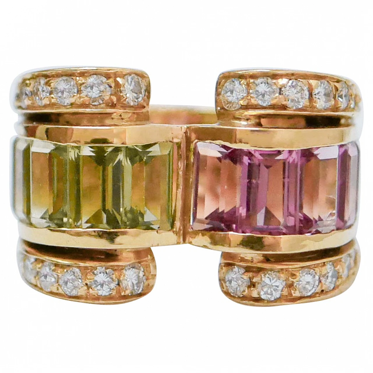 18 Karat yellow gold ring with peridots, tourmaline & diamonds, 1950s 1