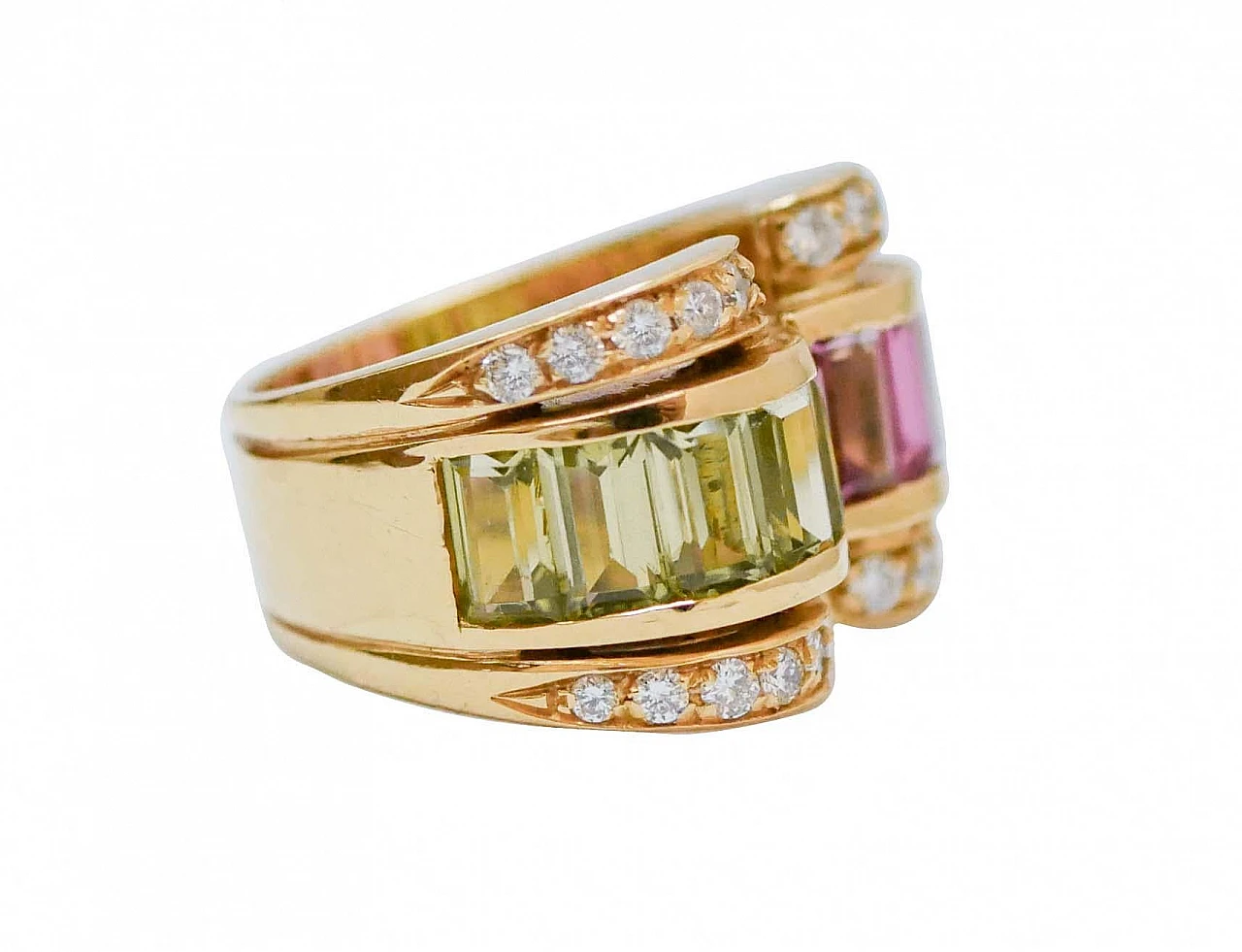 18 Karat yellow gold ring with peridots, tourmaline & diamonds, 1950s 2