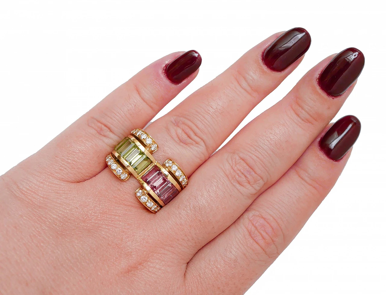 18 Karat yellow gold ring with peridots, tourmaline & diamonds, 1950s 5