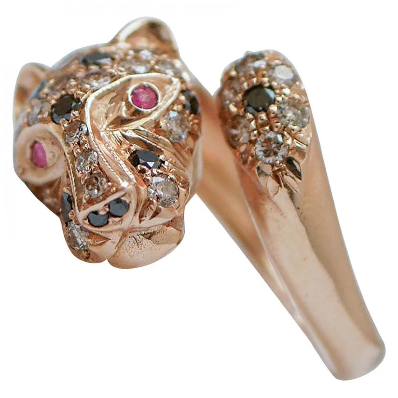 Anello Pantera in oro rosa 14 carati con diamanti e rubini, anni '80 1