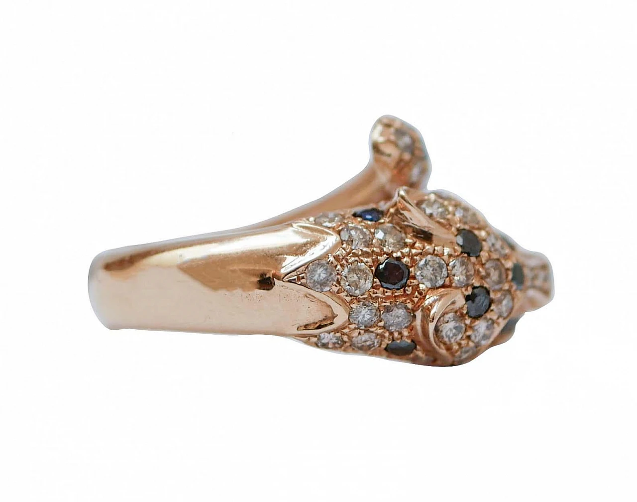 Anello Pantera in oro rosa 14 carati con diamanti e rubini, anni '80 2