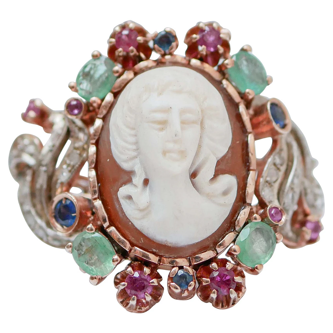 14 Karat rose gold and silver ring with cameo, emeralds and rubies 1
