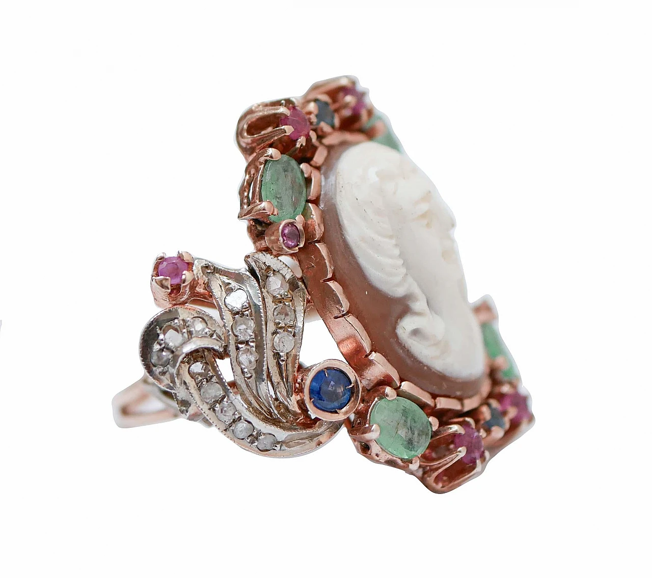 14 Karat rose gold and silver ring with cameo, emeralds and rubies 2