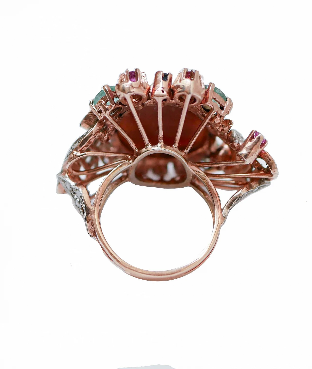 14 Karat rose gold and silver ring with cameo, emeralds and rubies 3