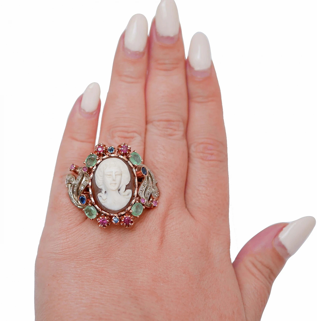 14 Karat rose gold and silver ring with cameo, emeralds and rubies 4