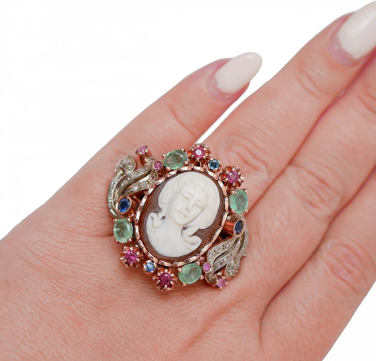 14 Karat rose gold and silver ring with cameo, emeralds and rubies 5