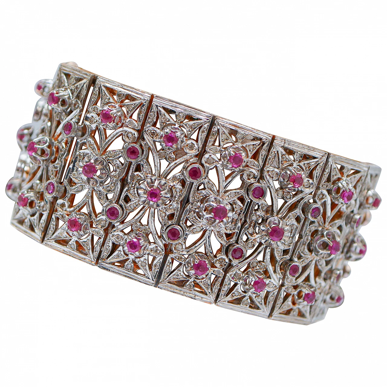 Retro bracelet in rose gold and silver with rubies and diamonds, 1960s 1