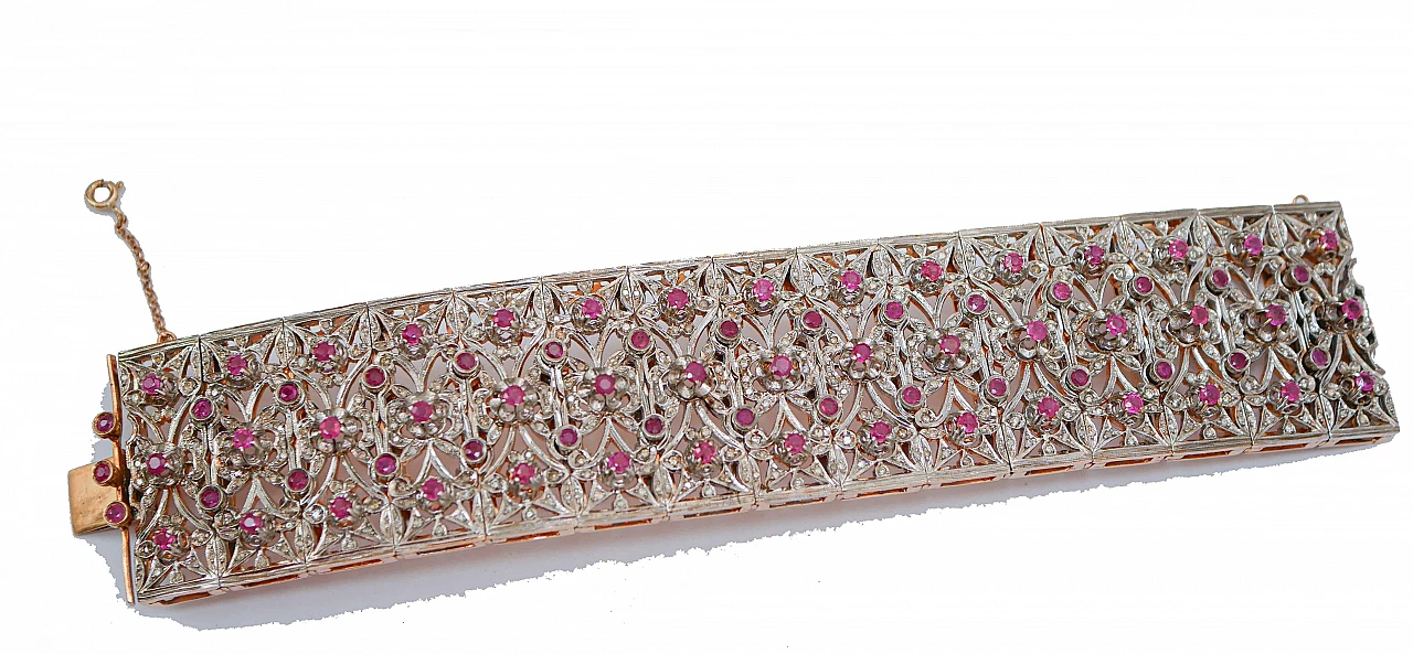 Retro bracelet in rose gold and silver with rubies and diamonds, 1960s 2
