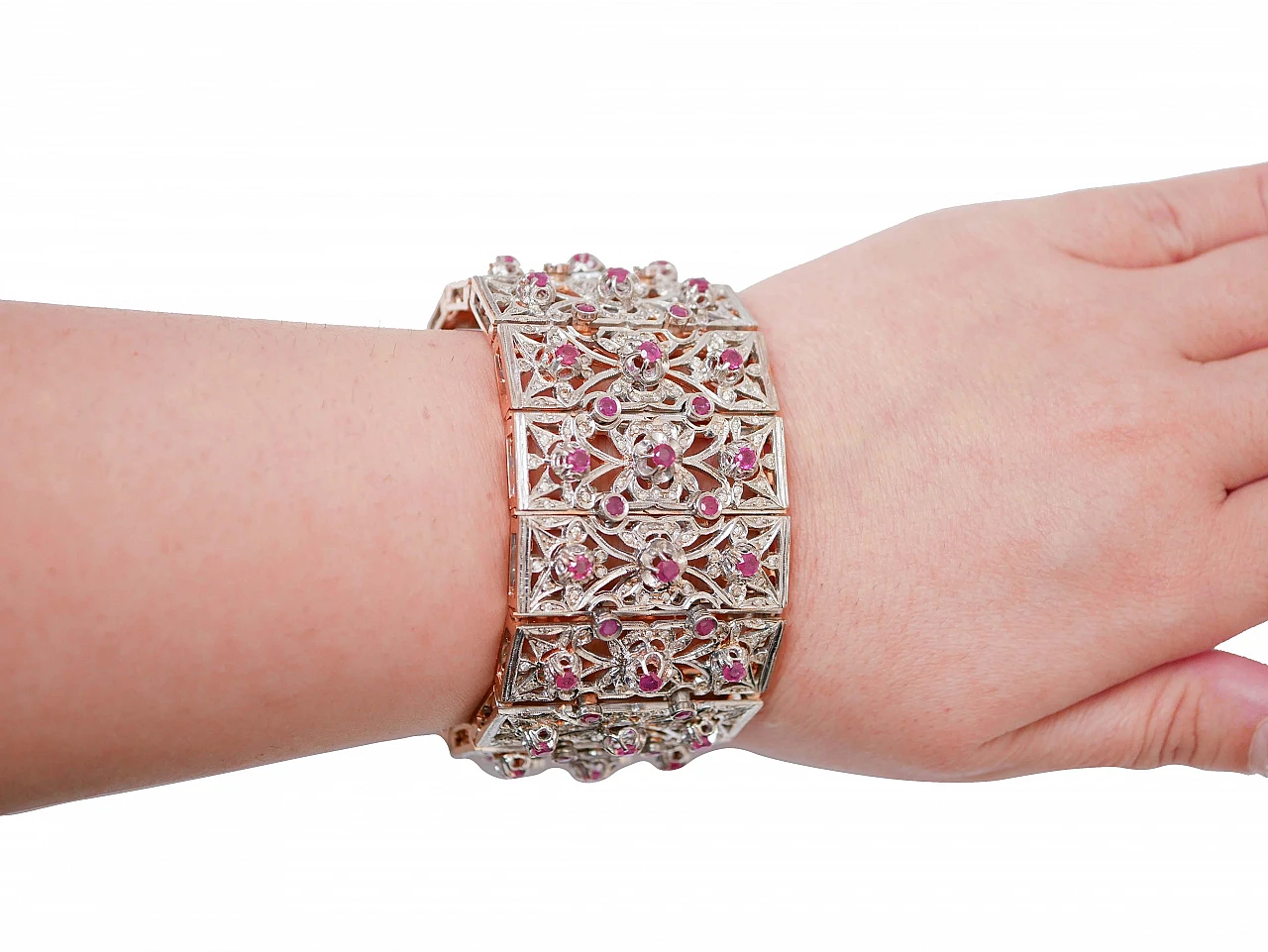Retro bracelet in rose gold and silver with rubies and diamonds, 1960s 4