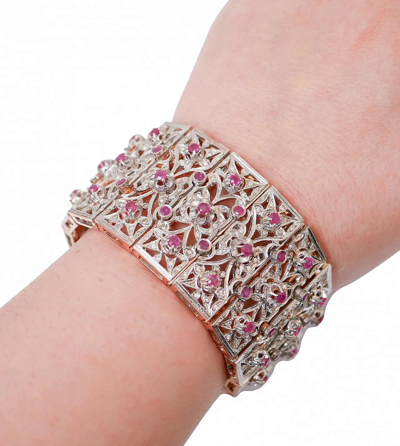 Retro bracelet in rose gold and silver with rubies and diamonds, 1960s 5