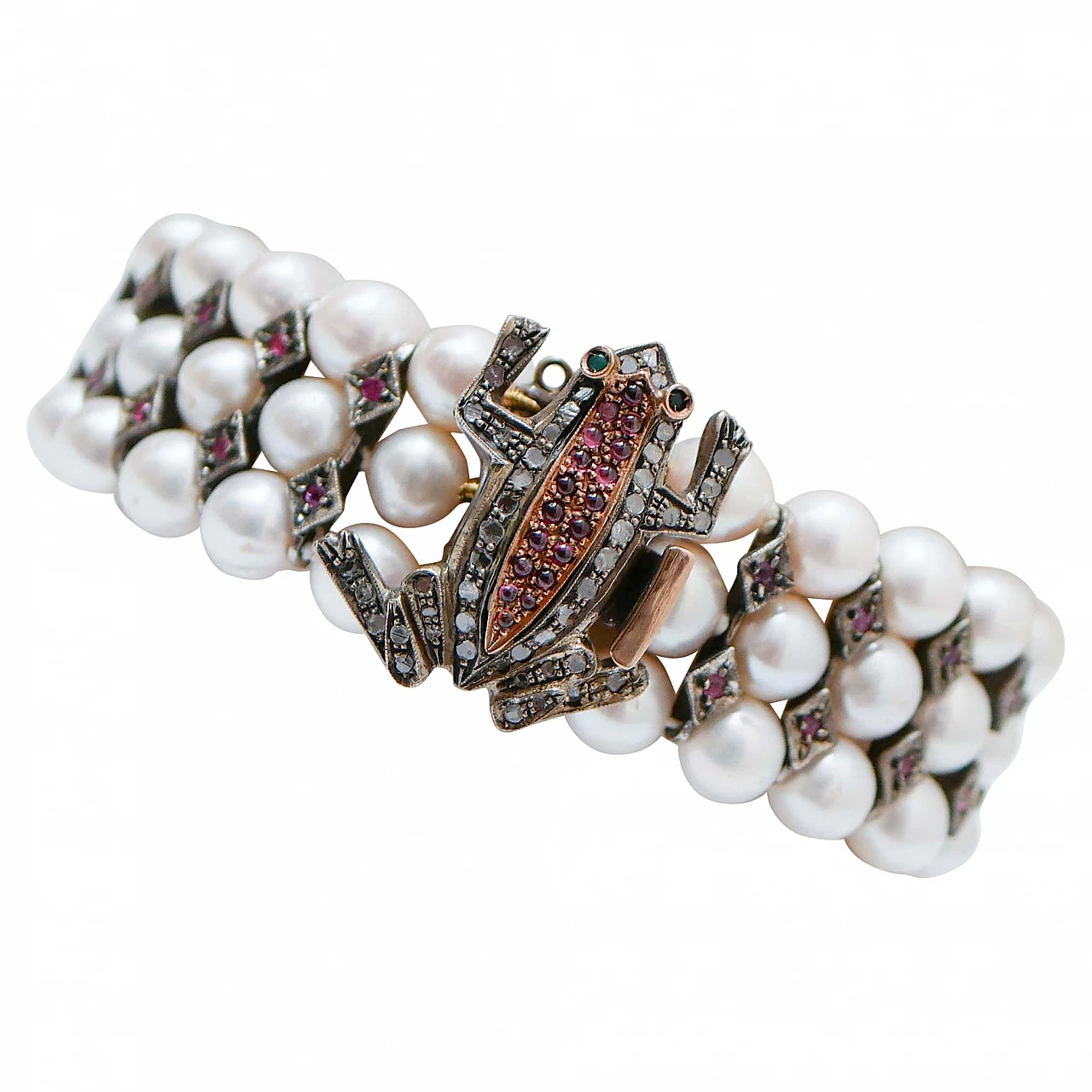 Rose gold and silver frog bracelet with pearls, rubies and diamonds 1