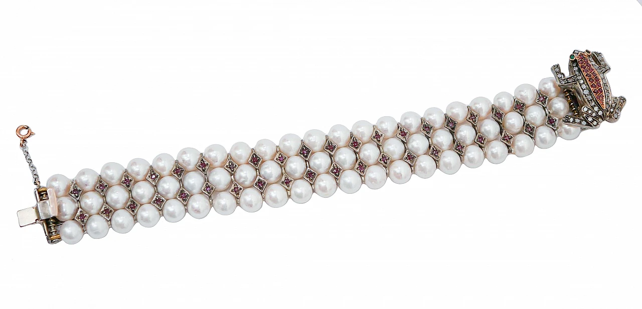 Rose gold and silver frog bracelet with pearls, rubies and diamonds 2