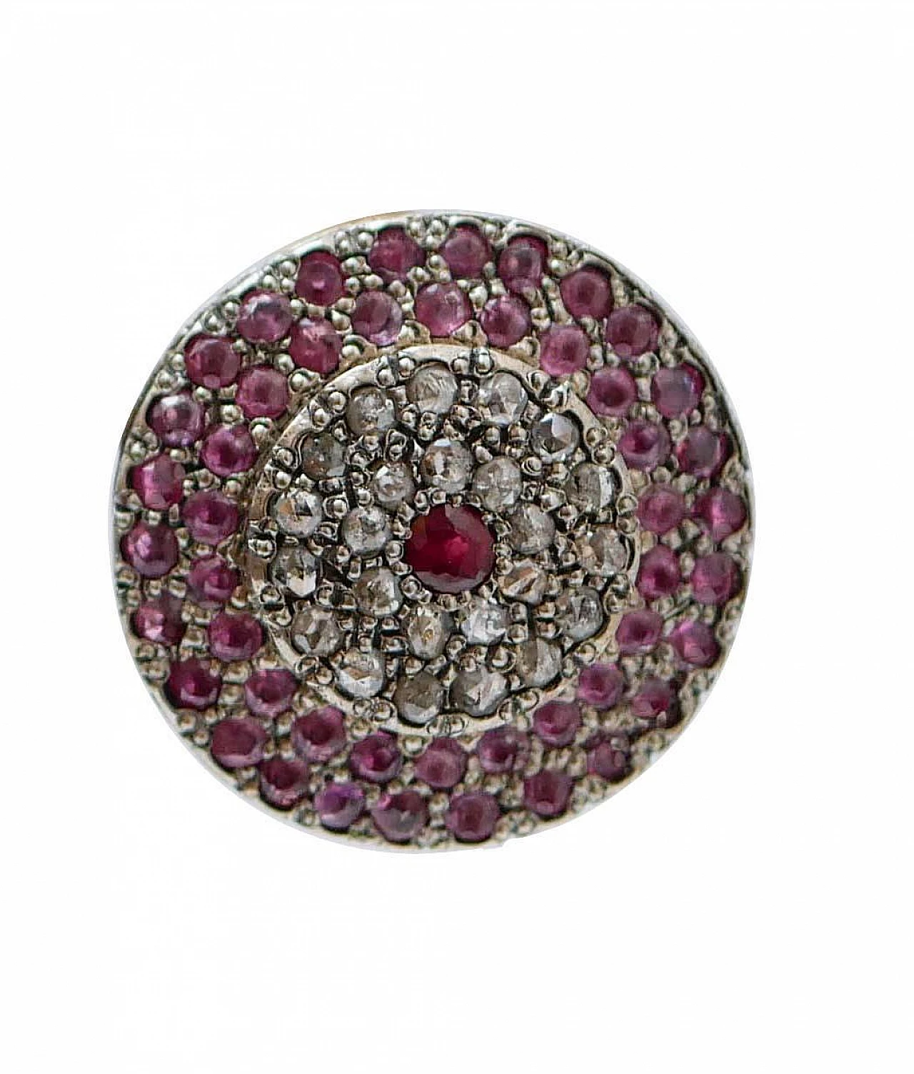 Coppia di orecchini oro rosa e argento con rubini e diamanti, anni '60 2