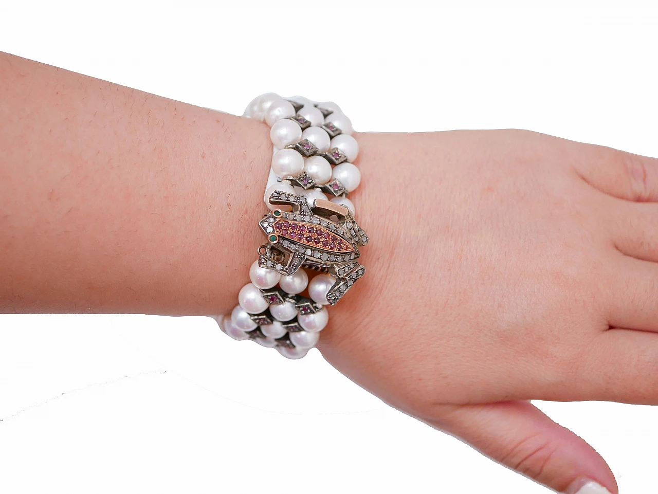Rose gold and silver frog bracelet with pearls, rubies and diamonds 4