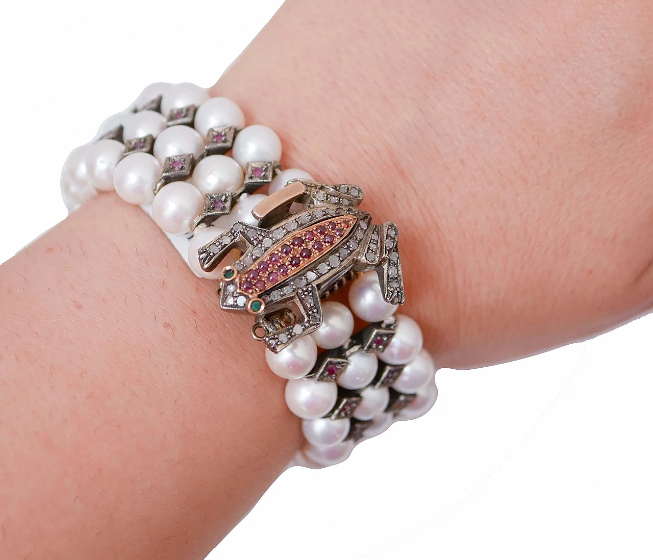 Rose gold and silver frog bracelet with pearls, rubies and diamonds 5