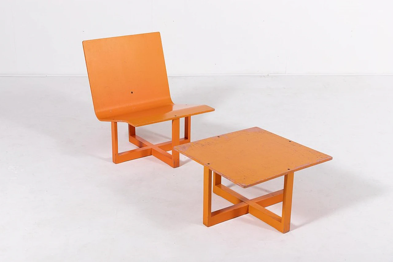 Plywood lounge chair with coffee table by Chr. Rasmussen, 1970s 1