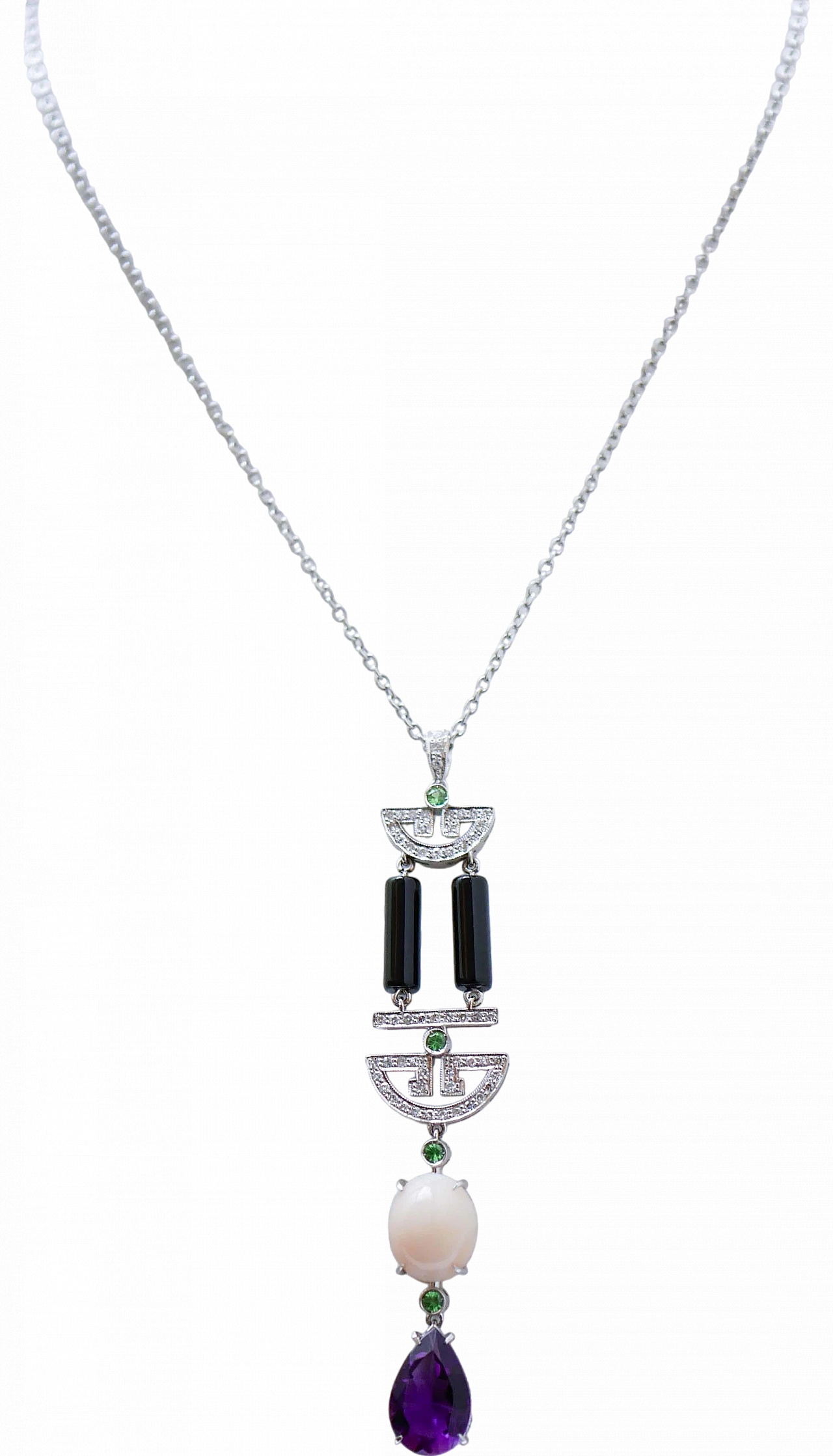 18 Karat white gold pendant necklace with amethyst, onyx & diamonds 7