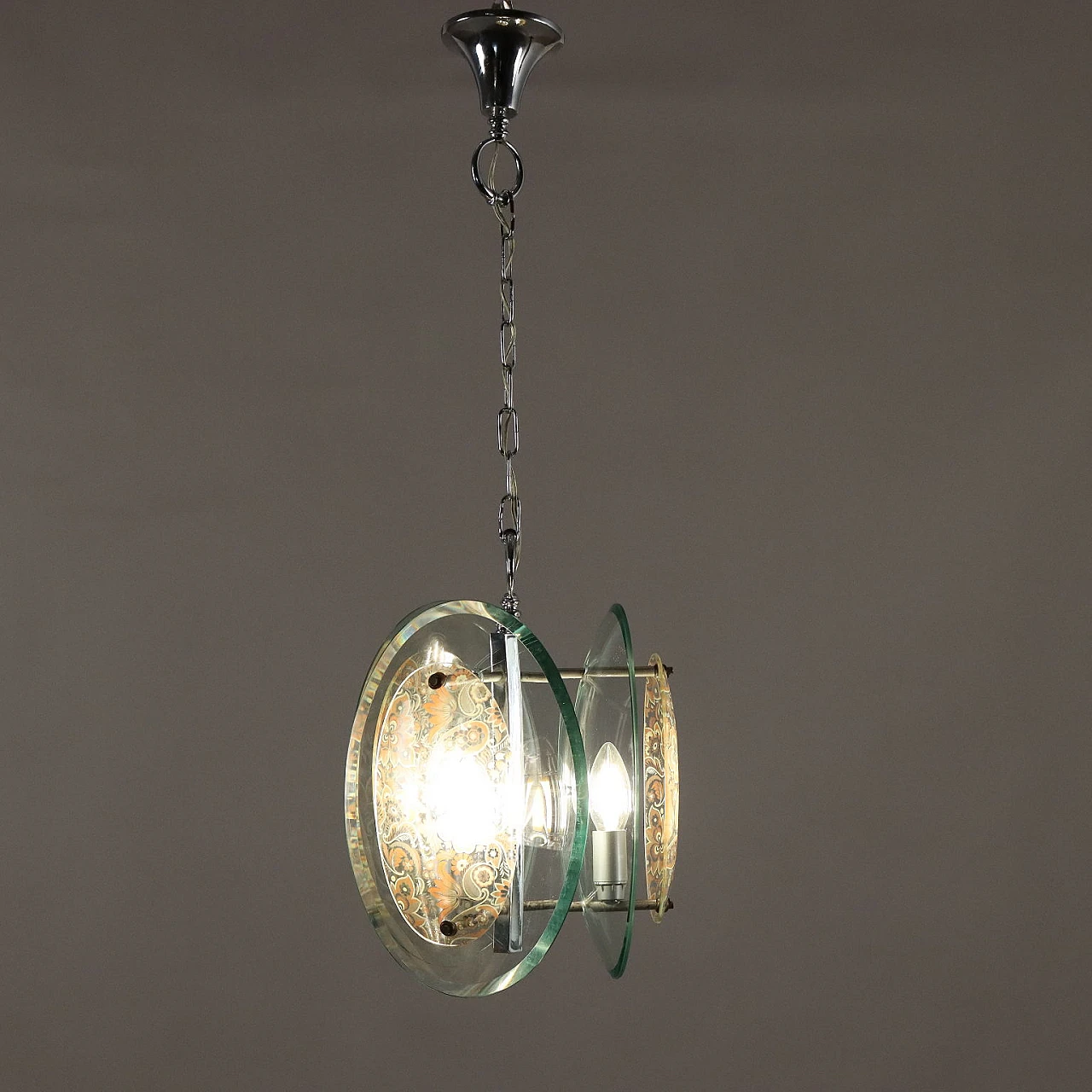 Chromed metal and decorated clear glass chandelier, 1960s 1