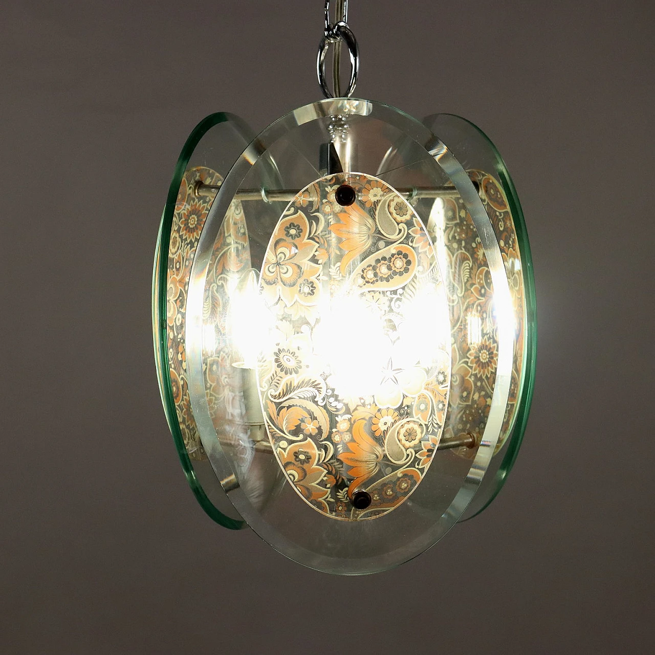 Chromed metal and decorated clear glass chandelier, 1960s 4