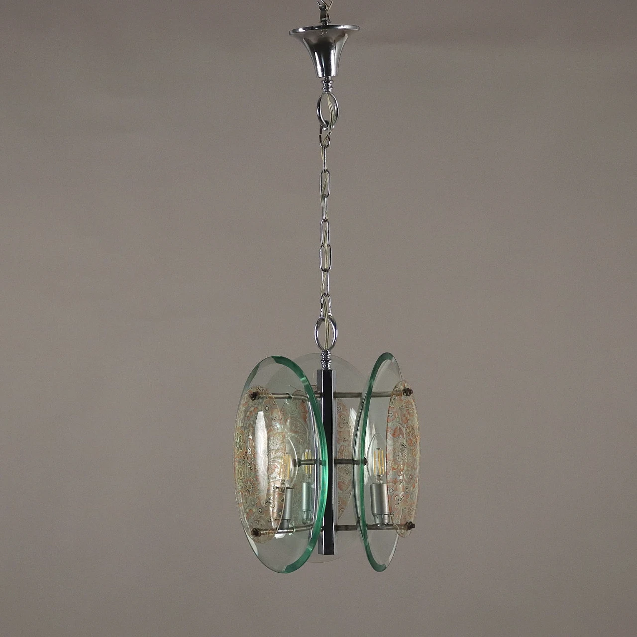 Chromed metal and decorated clear glass chandelier, 1960s 6