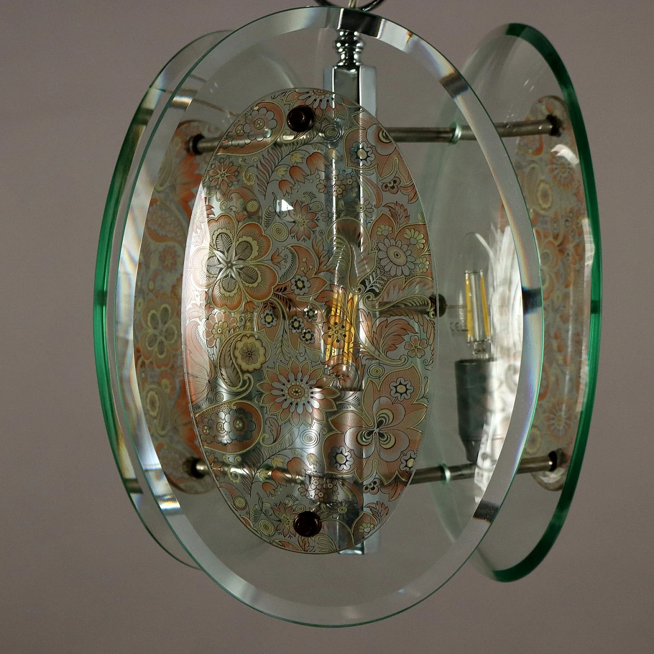 Chromed metal and decorated clear glass chandelier, 1960s 7
