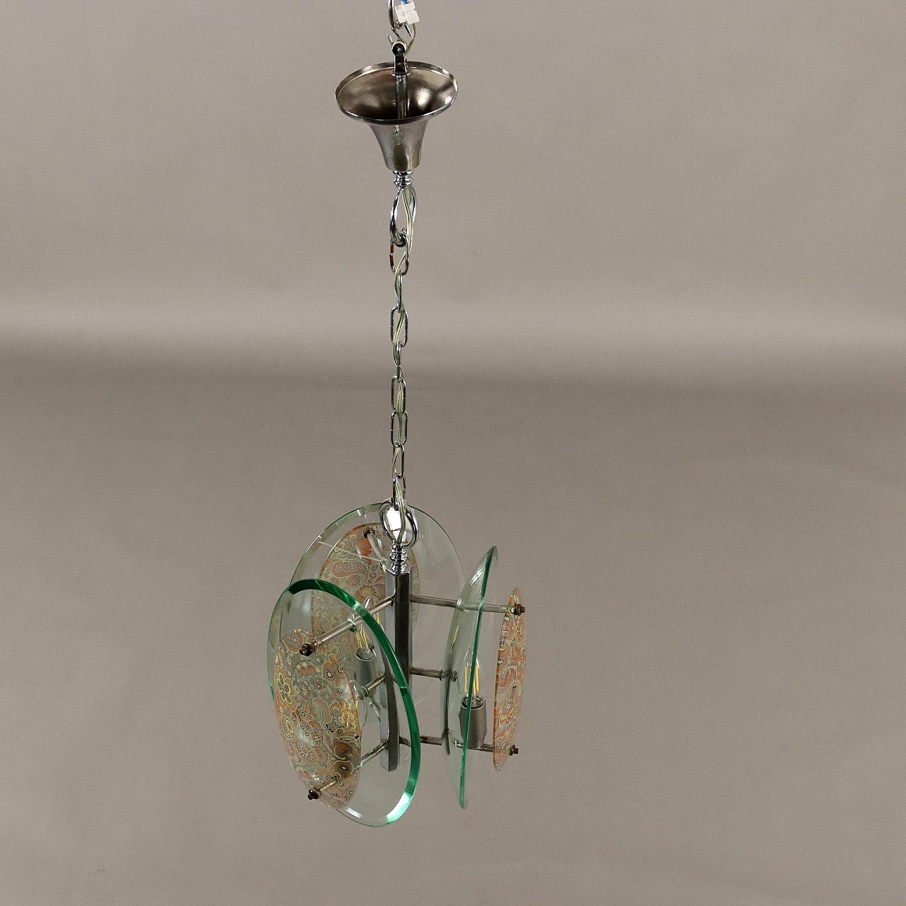 Chromed metal and decorated clear glass chandelier, 1960s 8