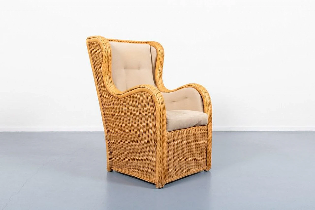 Vintage wicker and fabric lounge armchair, 1980s 1