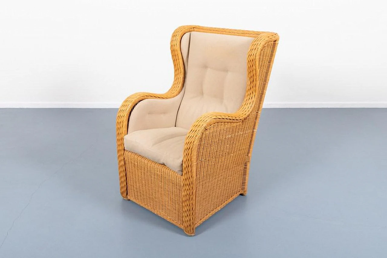 Vintage wicker and fabric lounge armchair, 1980s 8