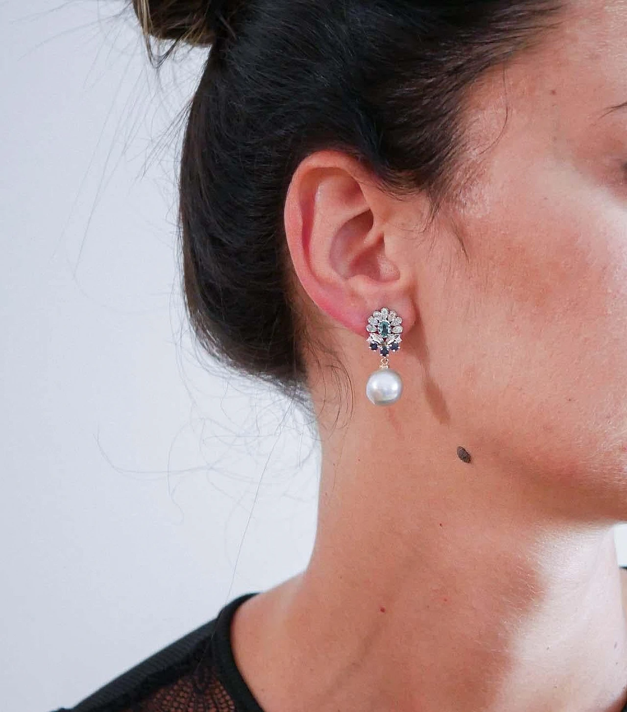 Grey Pearls, Emeralds, Sapphires, Diamonds, Gold Earrings, 60s 4