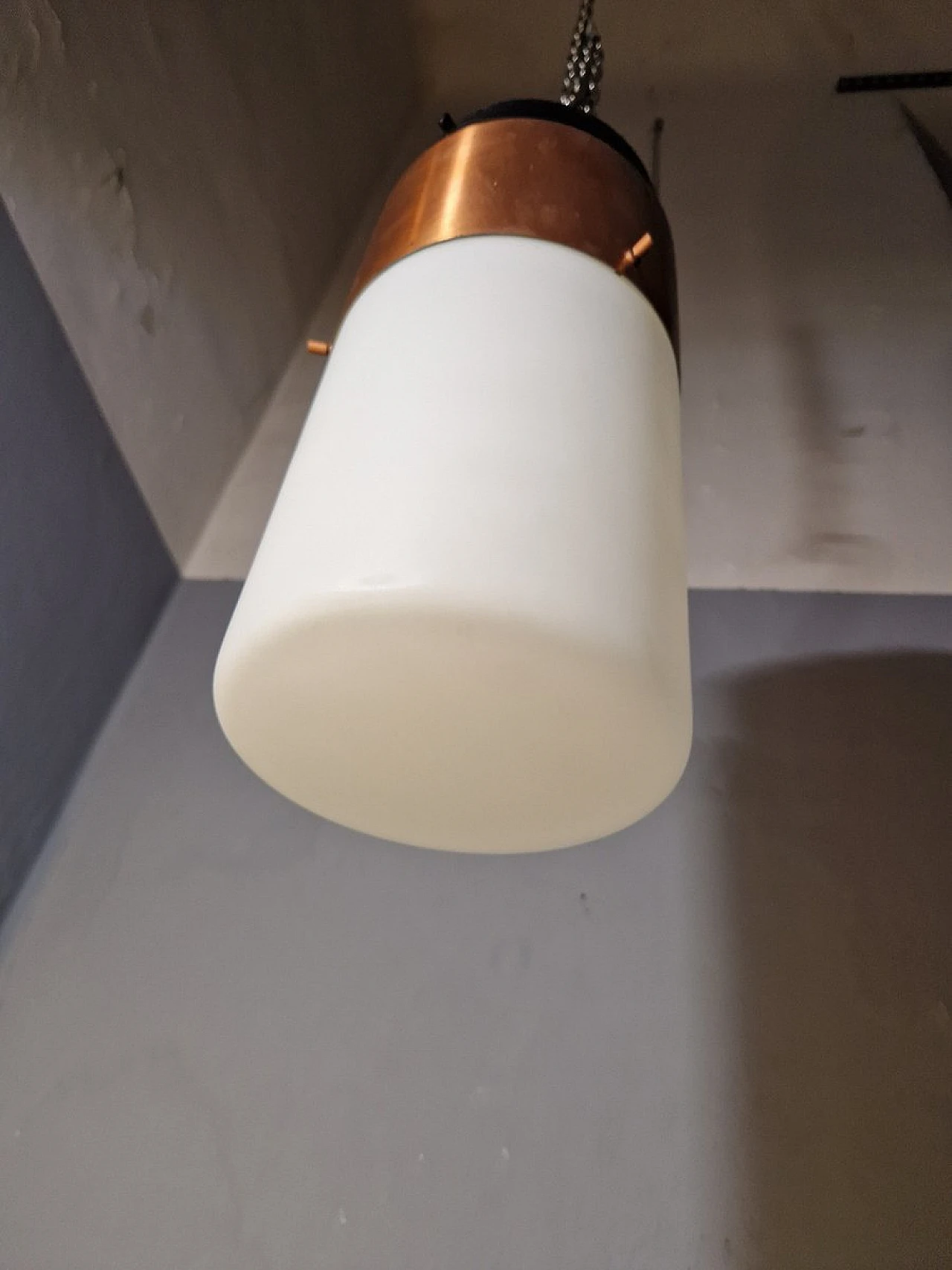 Copper and opaline glass ceiling lamp by Stilnovo, 1950s 3