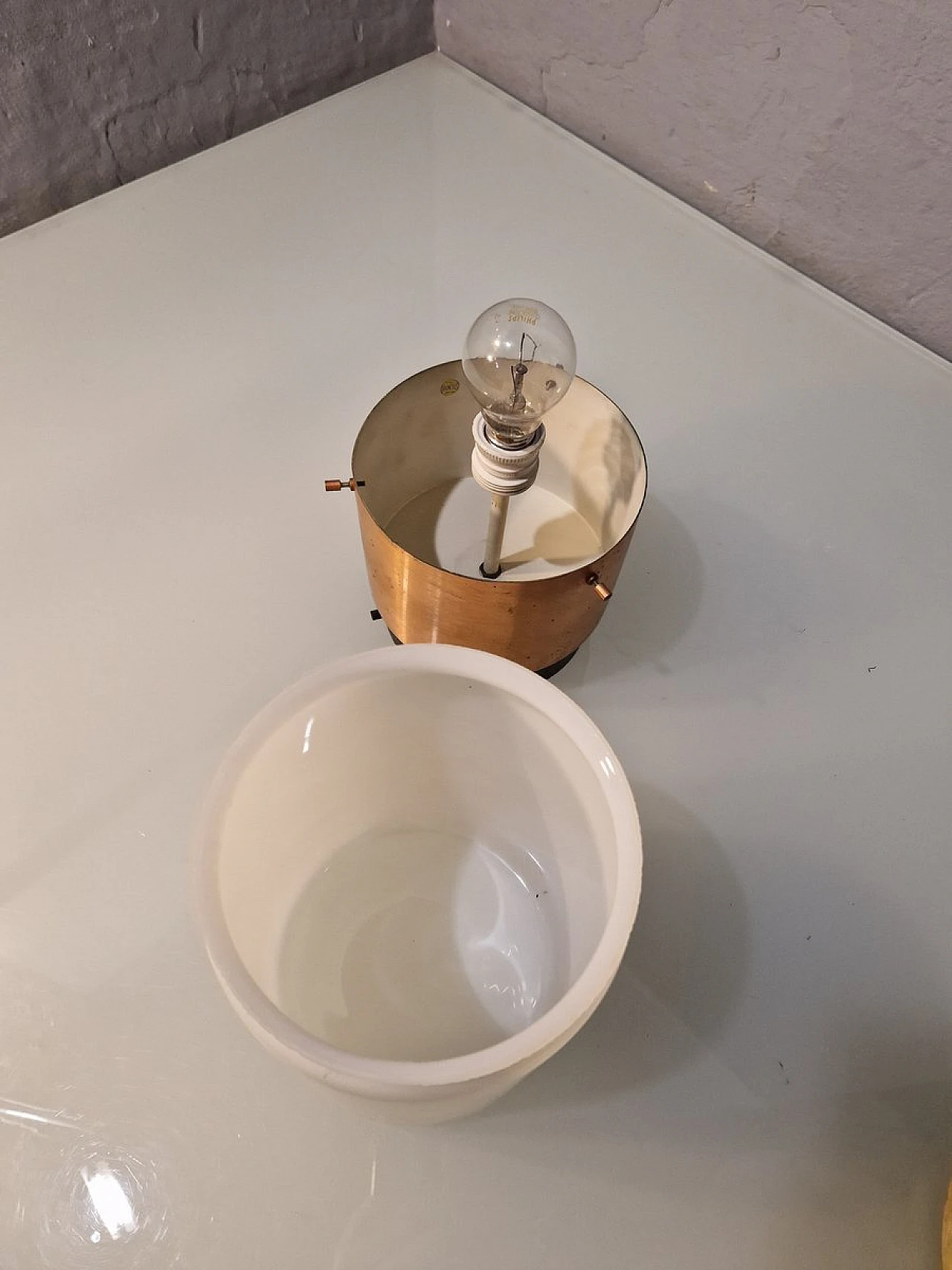 Copper and opaline glass ceiling lamp by Stilnovo, 1950s 5