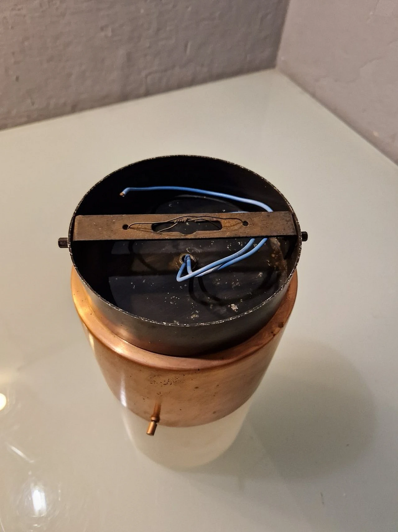 Copper and opaline glass ceiling lamp by Stilnovo, 1950s 8