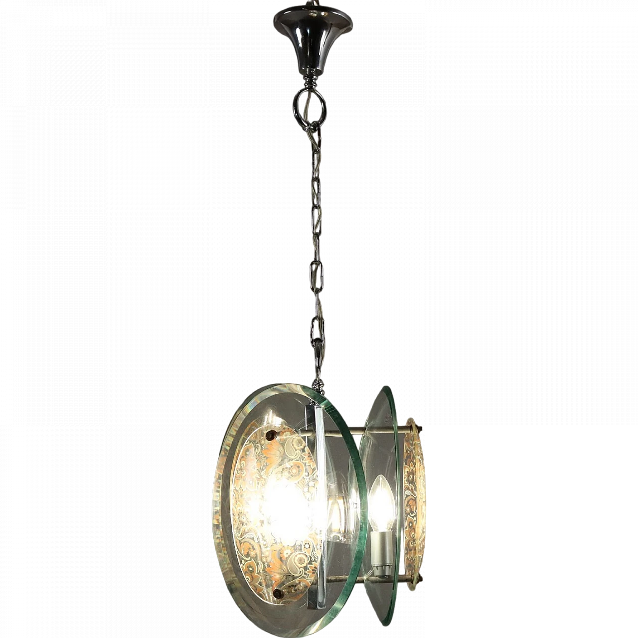 Chromed metal and decorated clear glass chandelier, 1960s 11