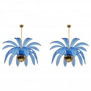 Coppia di lampadari a palme in vetro di Murano e ottone, anni '70