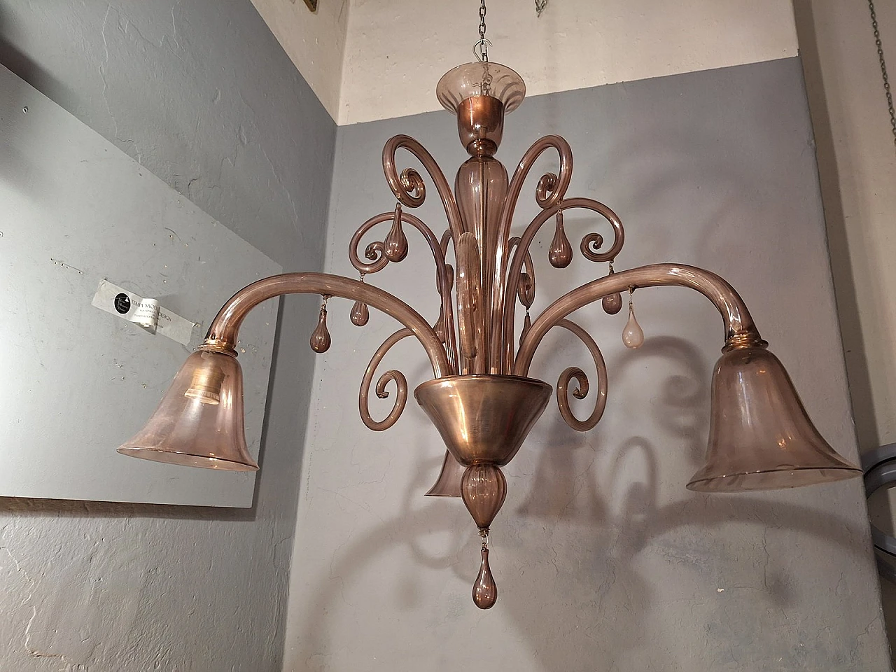 Three-light glass chandelier by V. Zecchin for MVM Cappellin, 1950s 1