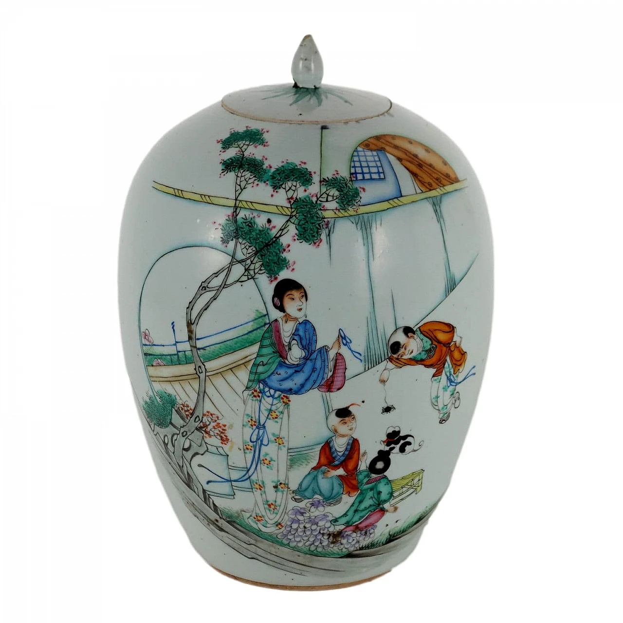 Potiche in porcellana con scena e scritte cinesi, inizio '900 1