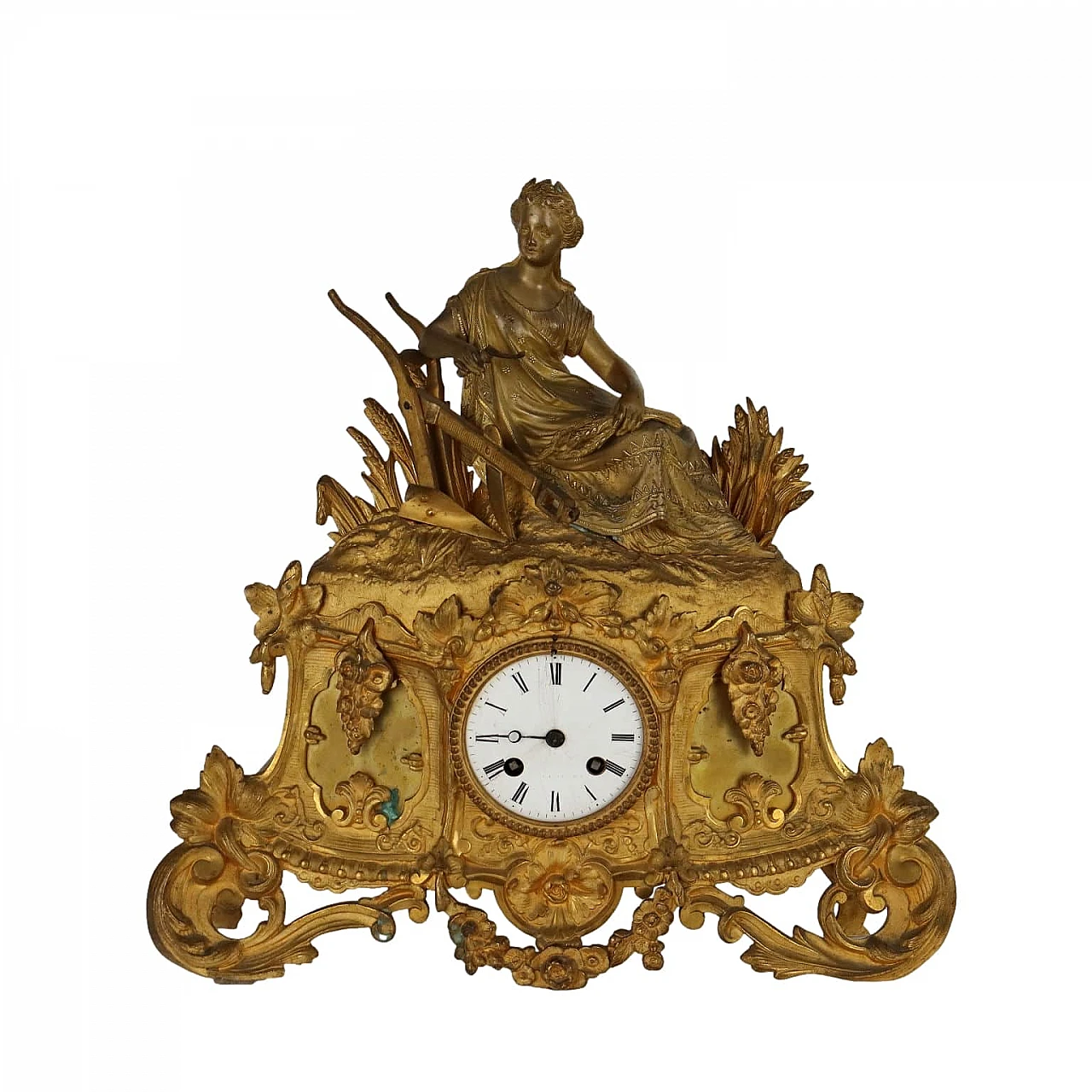 Gilded bronze clock with leaf motifs and female figure, 19th century 1