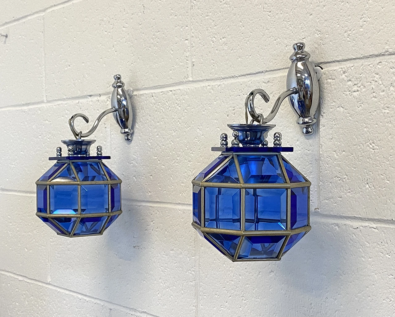 Pair of blue glass wall lamps, 1970s 1