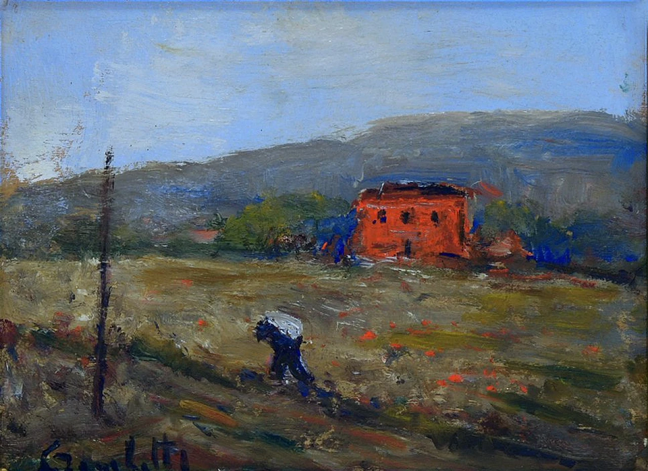 Gaetano Bocchetti, Paesaggio rurale, olio su tavola, anni '70 2
