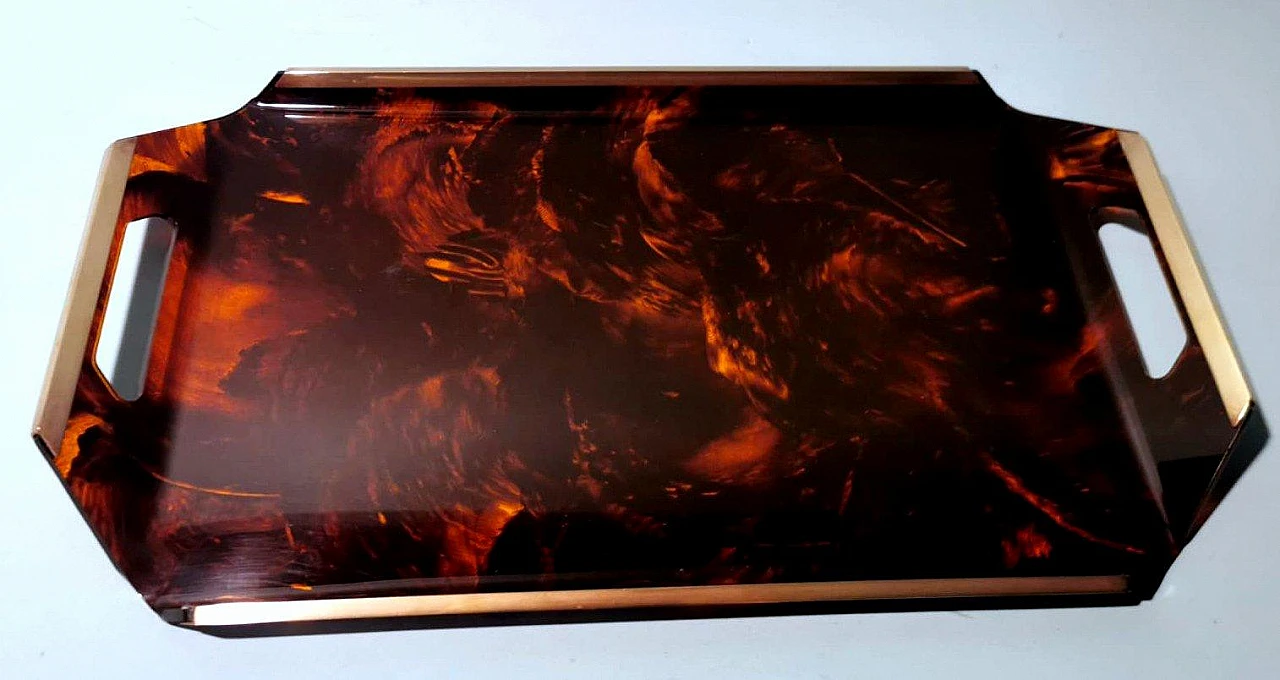 Vassoio in ottone e plexiglass tartarugato, anni '80 5