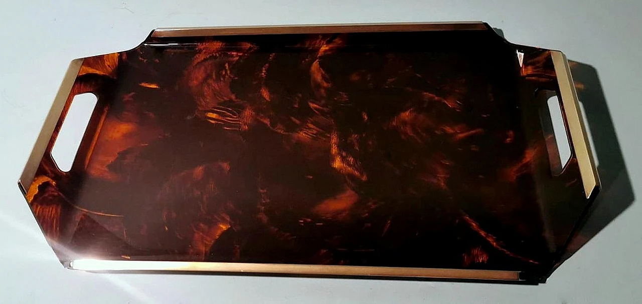 Vassoio in ottone e plexiglass tartarugato, anni '80 7