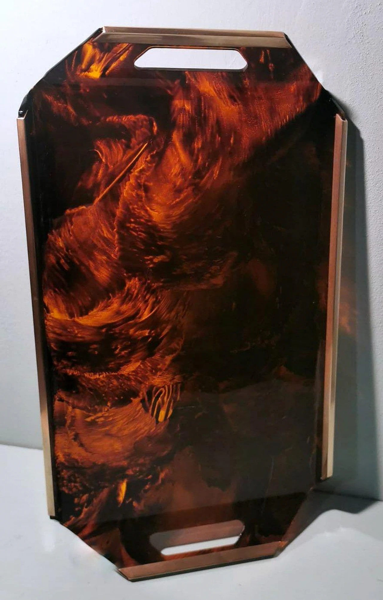 Vassoio in ottone e plexiglass tartarugato, anni '80 9