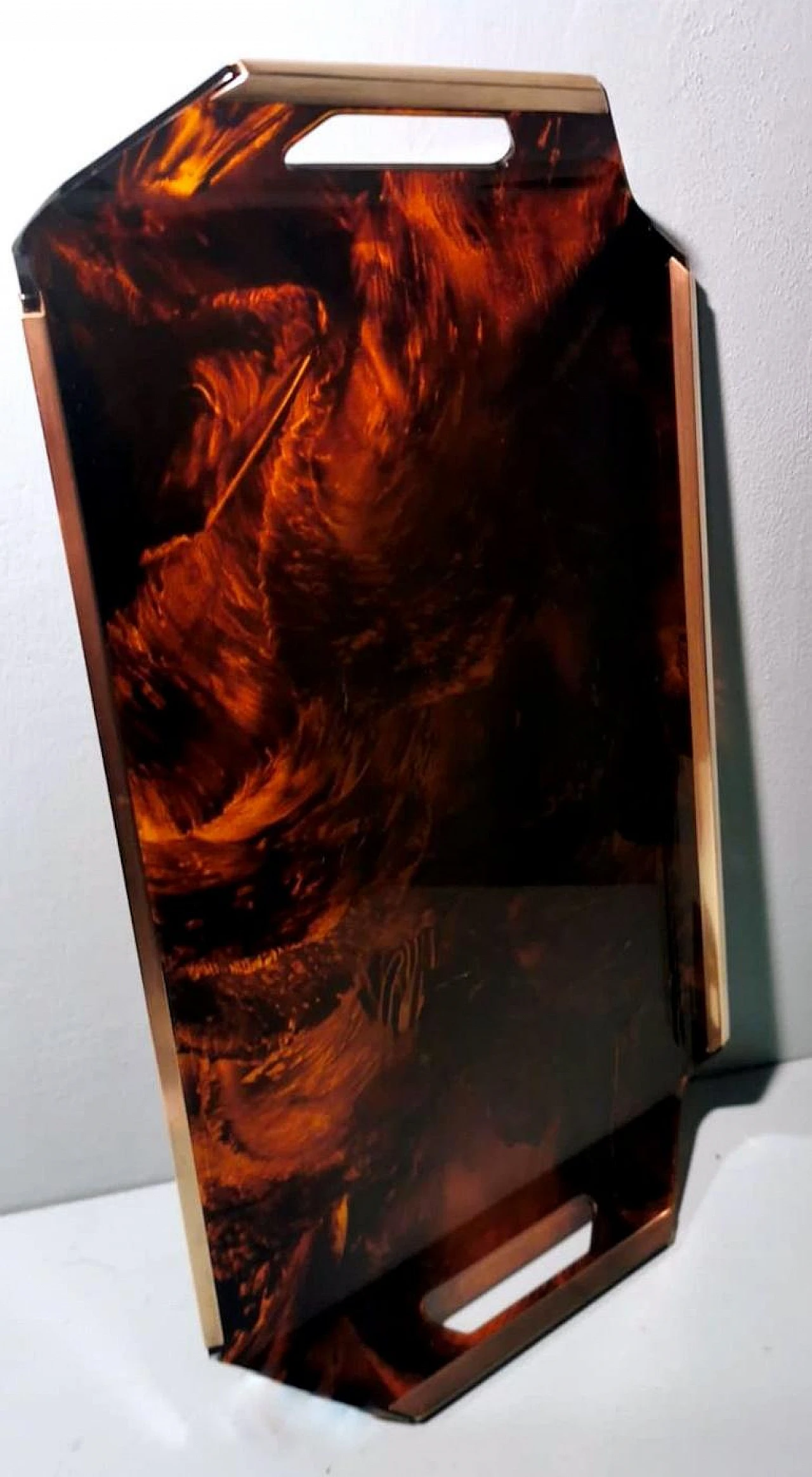 Vassoio in ottone e plexiglass tartarugato, anni '80 10