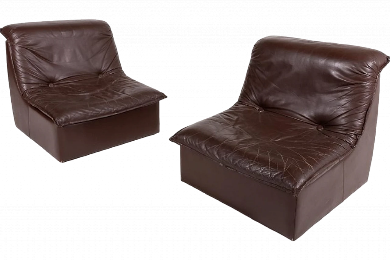 Pair of brown leather armchairs, 1980s 9