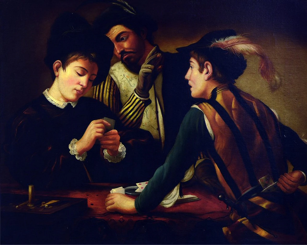 G. Perna da Caravaggio, I Bari, olio su tela con cornice, anni '70 2