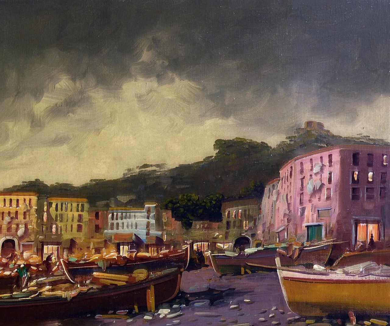 Serata costiera a Napoli, olio su tela di Carmine Zenna, anni '80 4