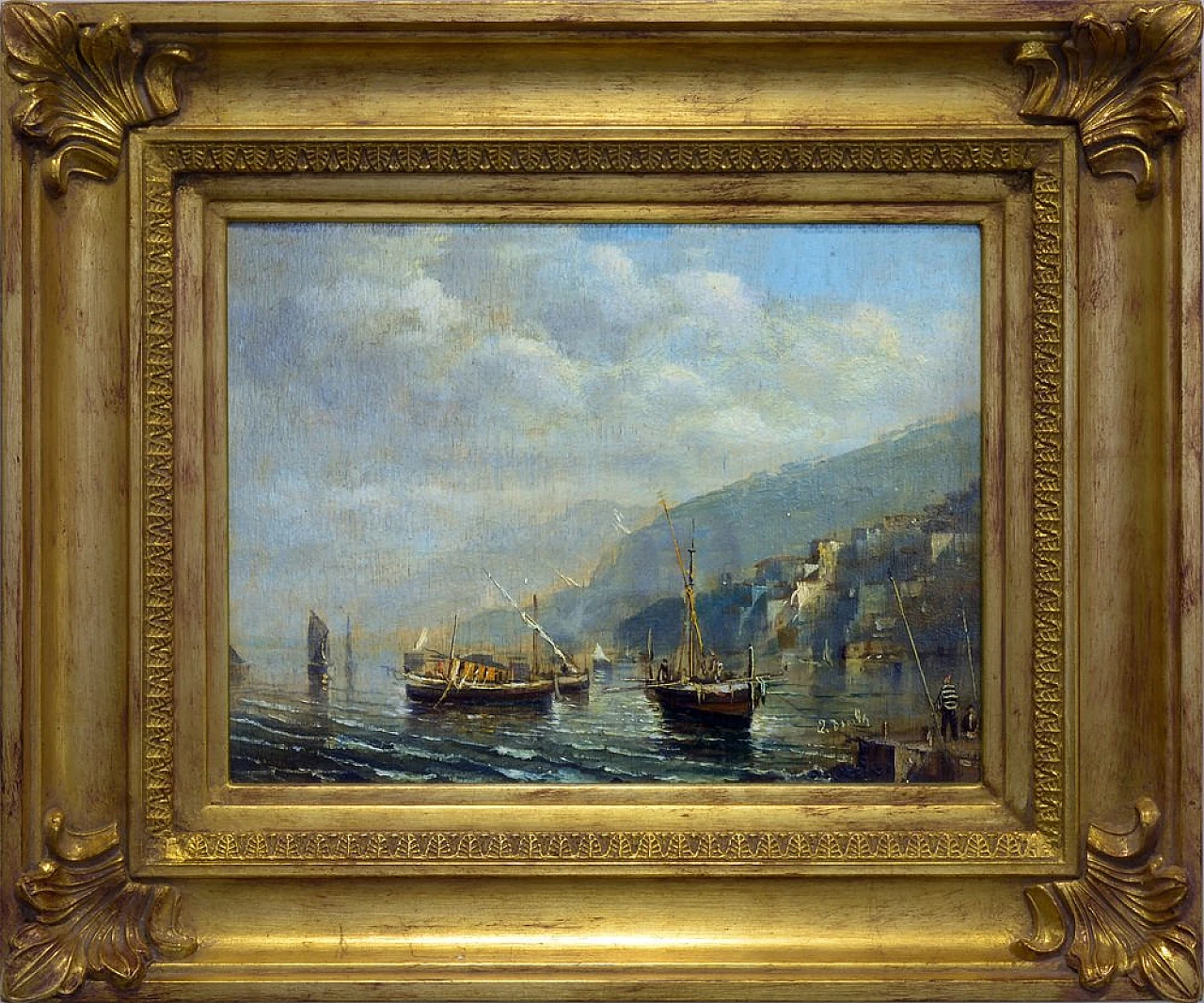 Marina, dipinto ad olio con cornice di Luigi Basile, anni '80 1