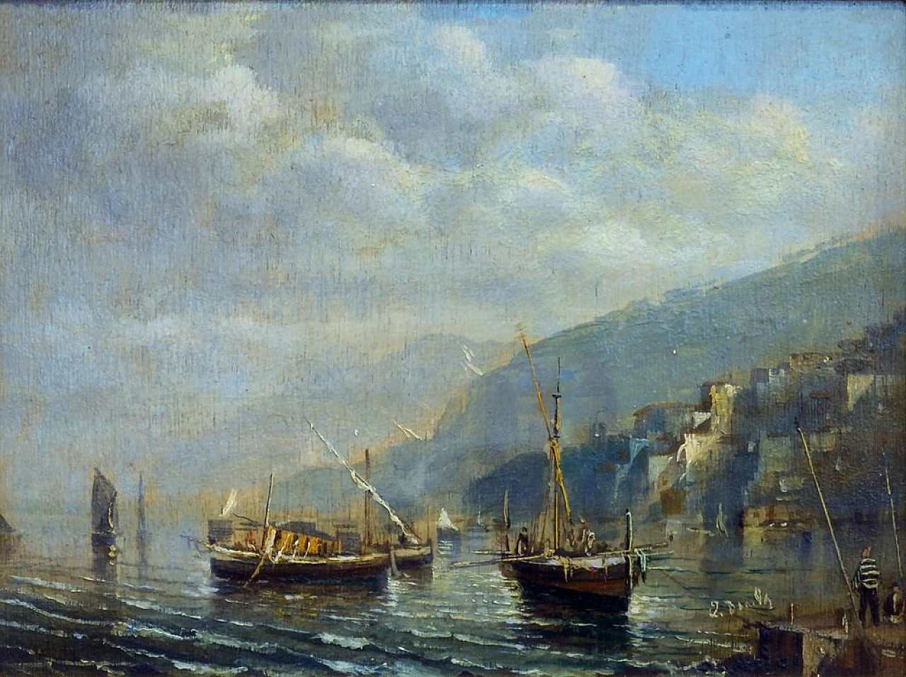 Marina, dipinto ad olio con cornice di Luigi Basile, anni '80 2